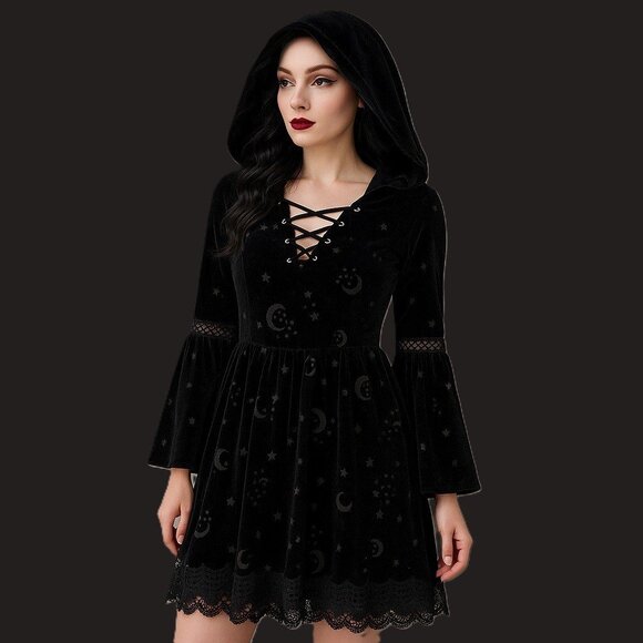 Plus Size 2X Coven Black Velvet Hooded Dress Spirit Stars Moon Celestial Witch - Picture 14 of 14